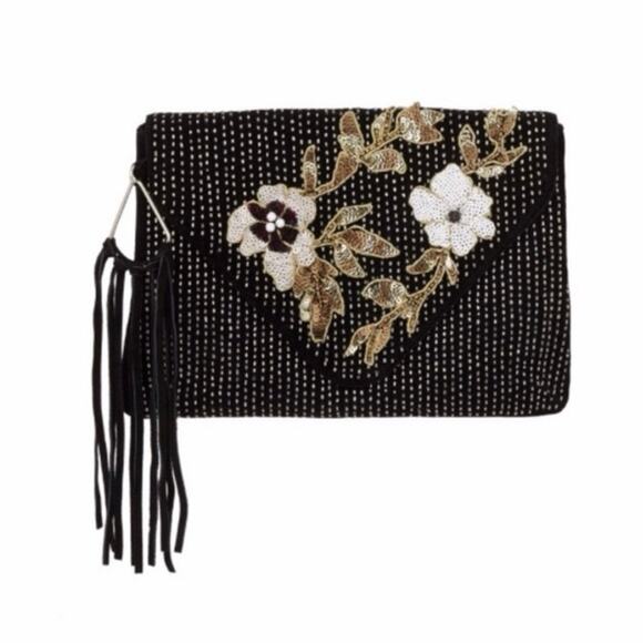 Sam Edelman NWT Carina Envelope Clutch Bag Beaded Appliqué Flower Black Magnetic - Picture 1 of 16